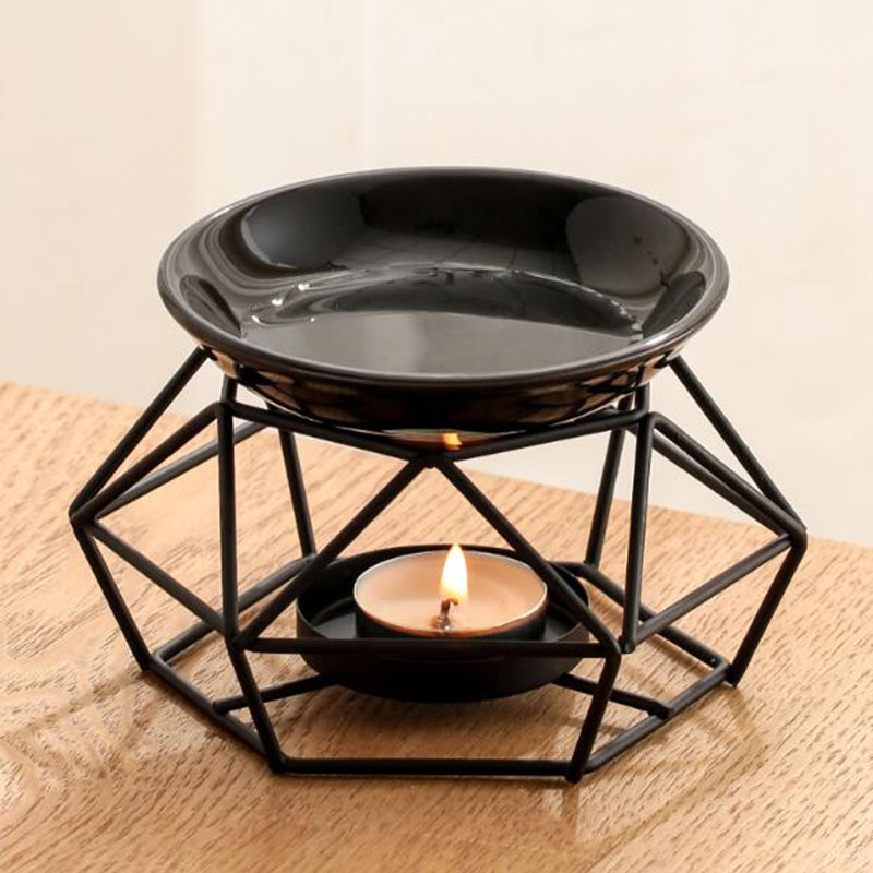 Home Fragrance Oil Burner - エッセンシャルオイルバーナーセラミックアイアン,ブラックカラー,ポリゴンボウル,キャンドルホルダー,オイルランプ,フレグランス香炉,寝室での使用,家の装飾