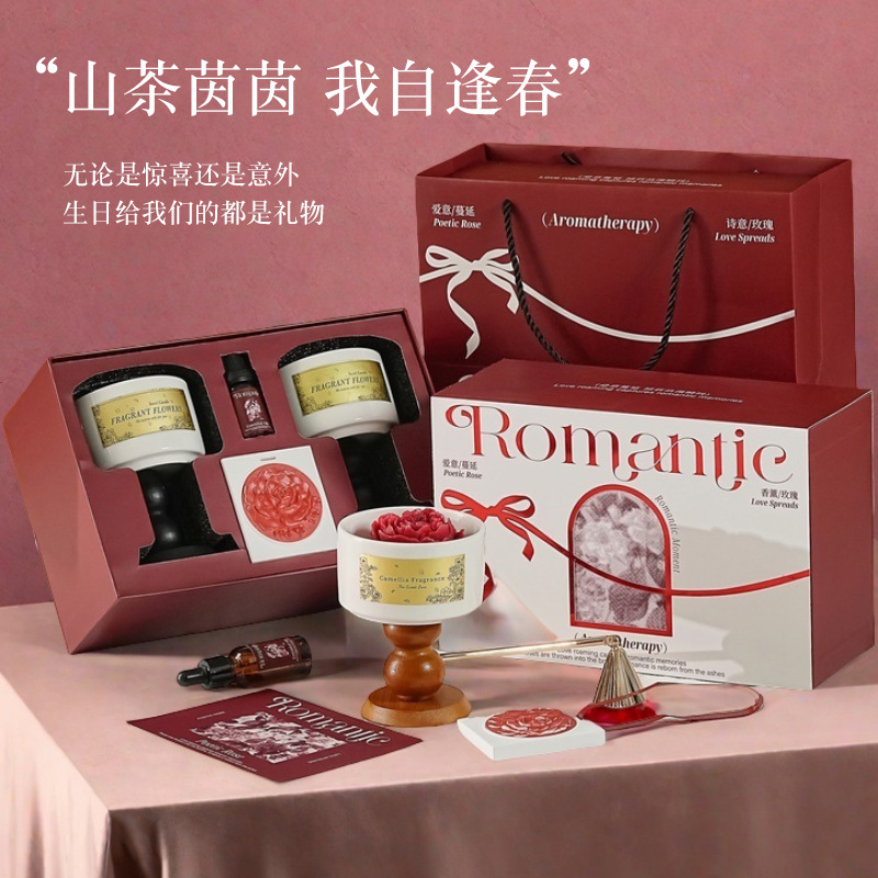 Home Fragrance Set Gift - 高級椿の香りのキャンドルギフトボックスセット。 長持ちする香りのディフューザーオーナメント、自宅の寝室に。 誕生日プレゼント