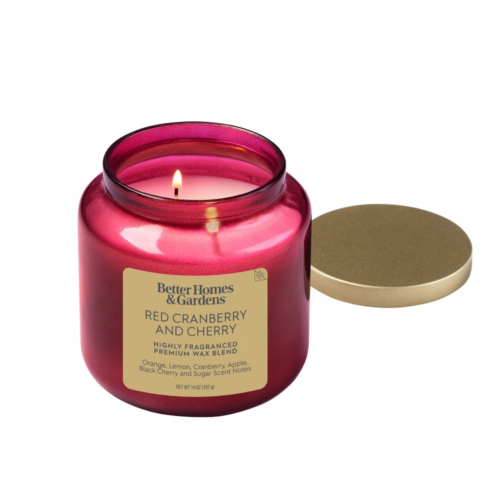 Home Fragrance Jar - 赤いガラス瓶のキャンドル、金色の蓋付き、赤いクランベリーチェリーの香りのホームデコレーションフレグランスキャンドル、14オンス
